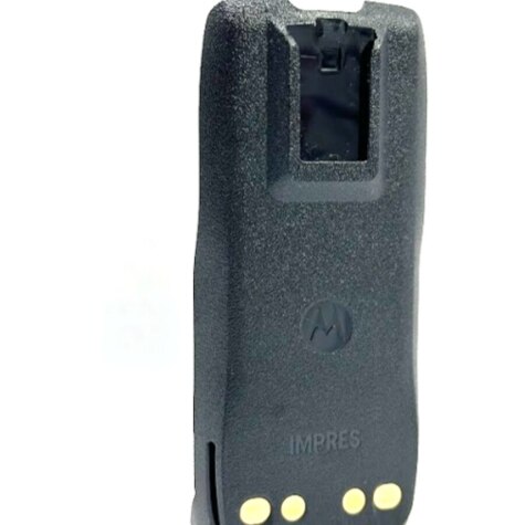 Black portable radio battery with three yellow contacts.
