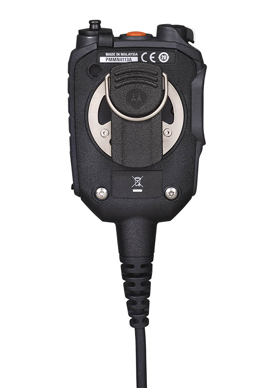 Back of a handheld microphone with belt clip and cable.