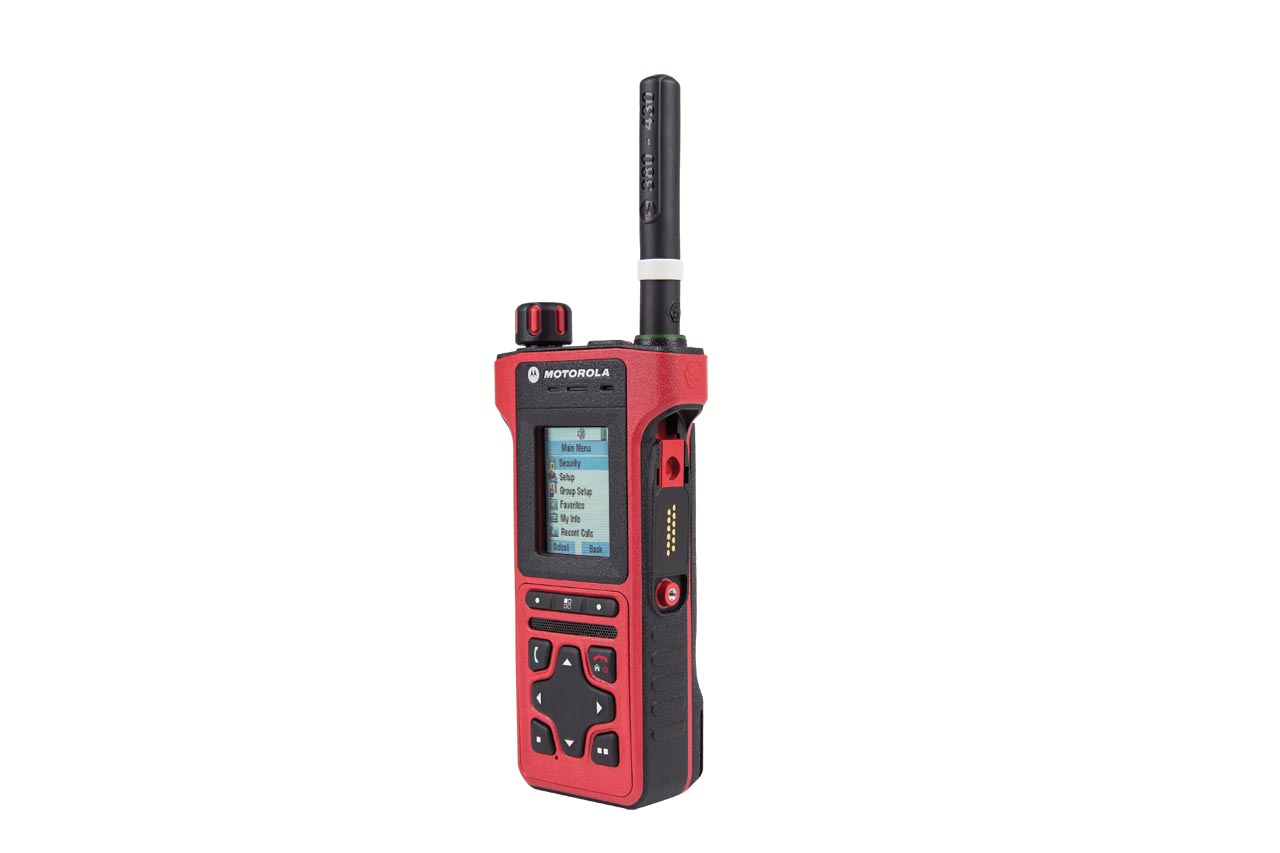 A red handheld radio with a display and buttons.