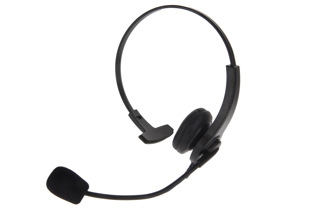 Black single-sided headset with microphone on adjustable boom.