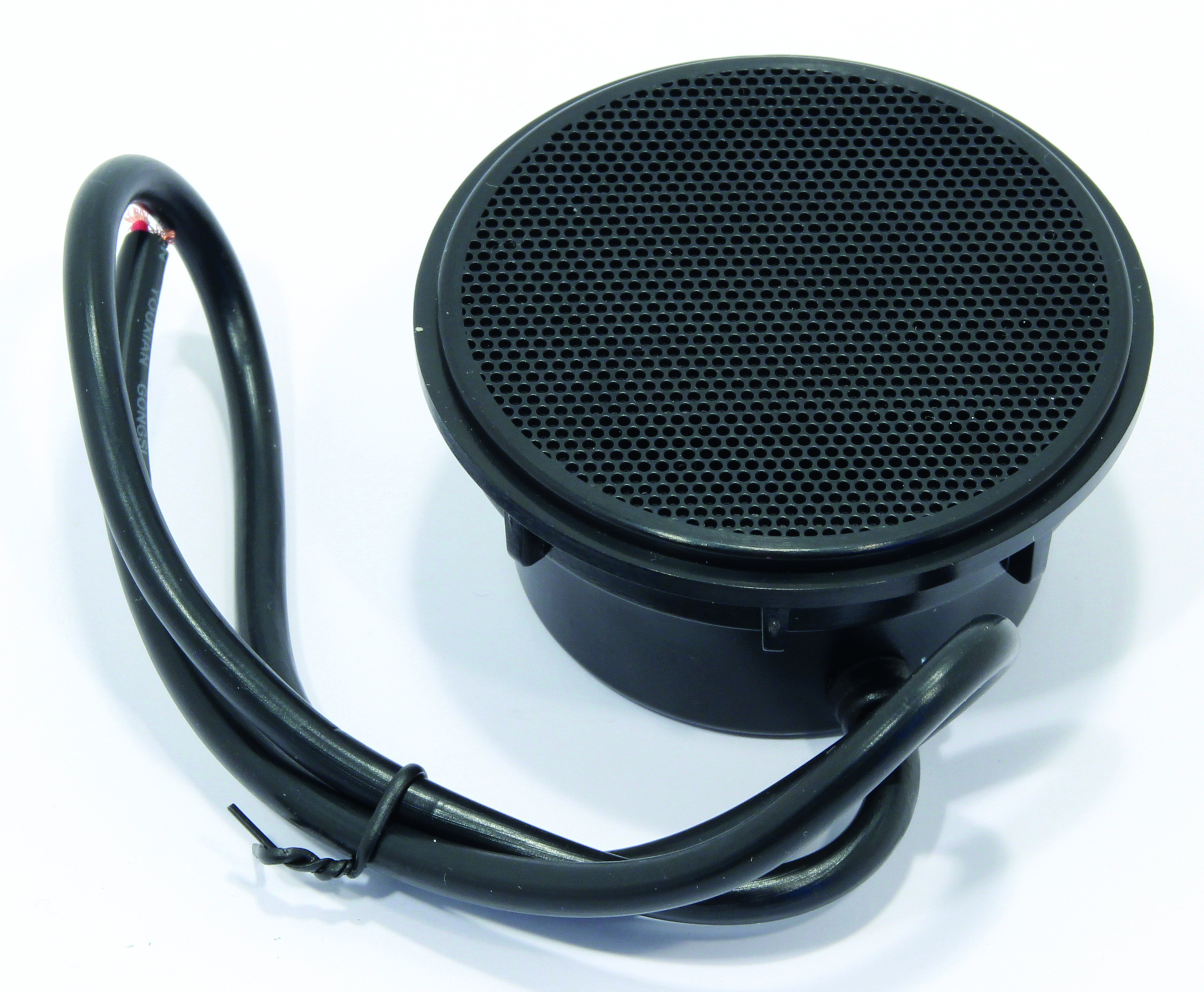Round black speaker with electrical cable.