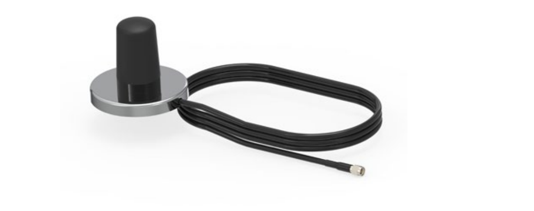 Zwarte antenne met lange kabel en connector.