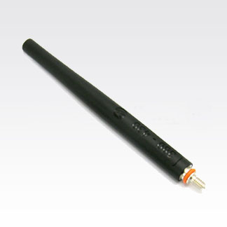 Black antenna with red ring and metal connector on light background.