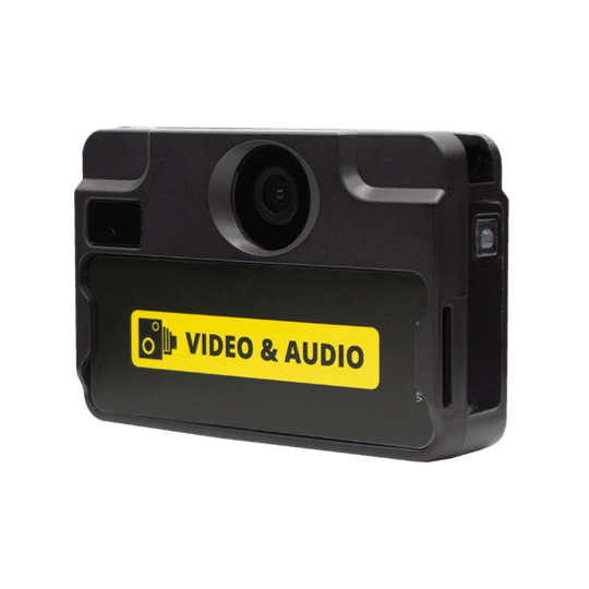 Zwarte camera met geel label 'Video & Audio'.