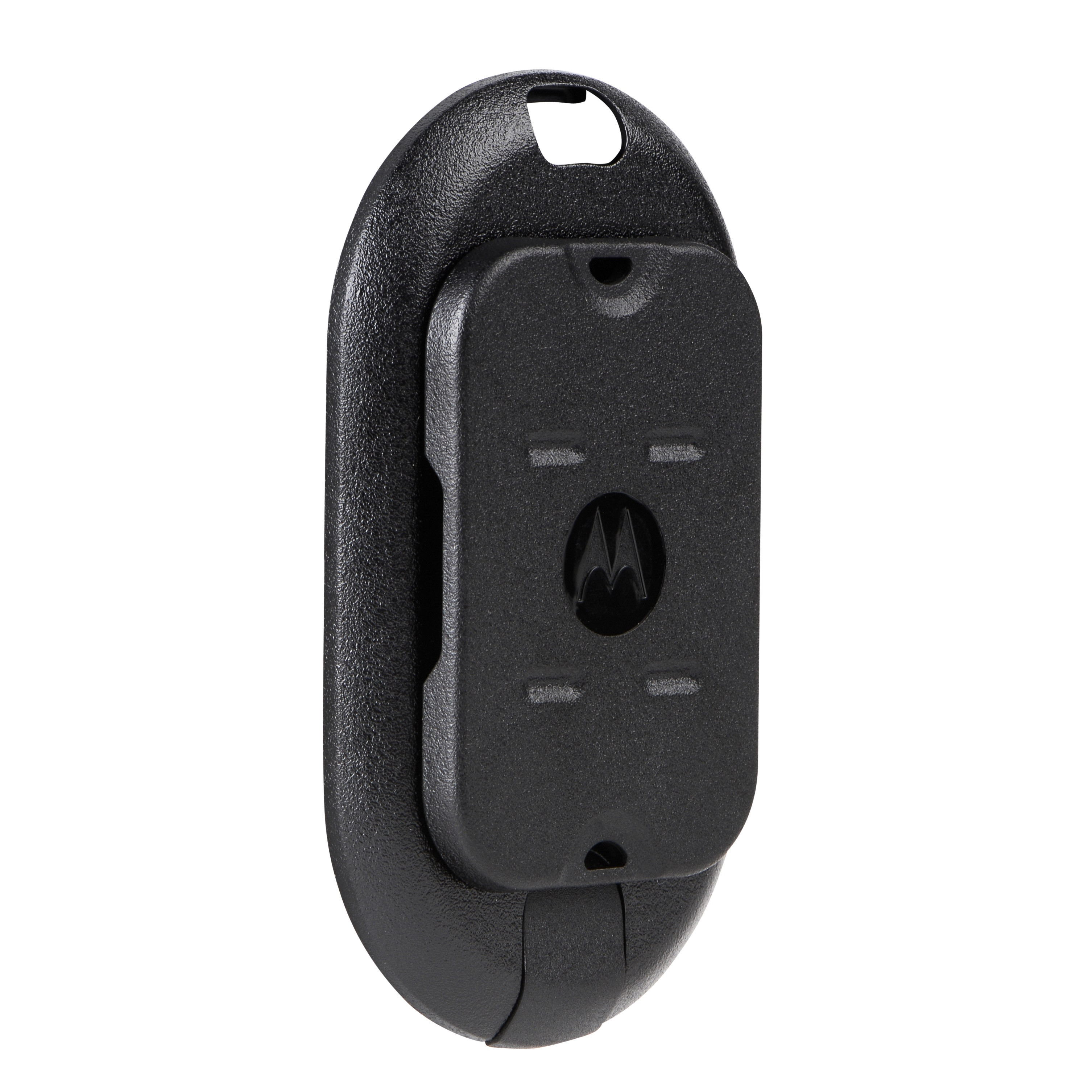 Zwart ovaal apparaat met Motorola-logo in het midden.