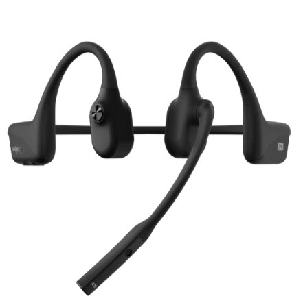 Zwart botgeleiding-headset met microfoon en oorhaken.