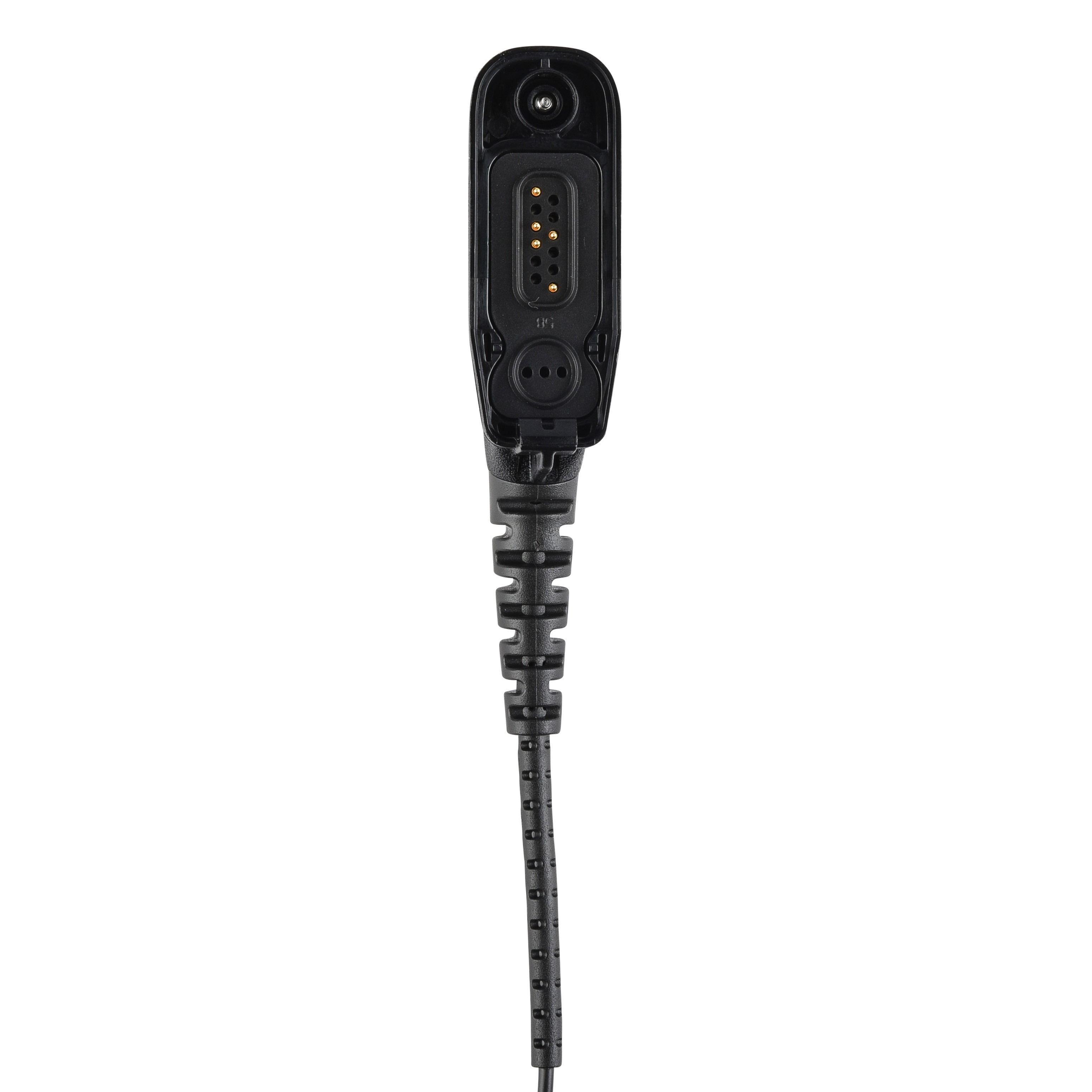 Zwart elektronisch kabel met stekker en meerdere pinnen.