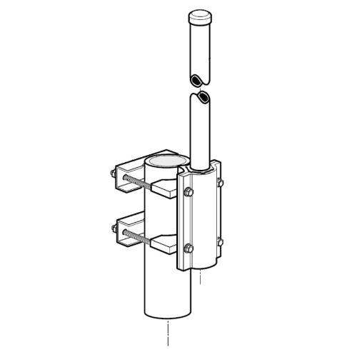 Exploded view of a pipe bracket with screws and clamps.
