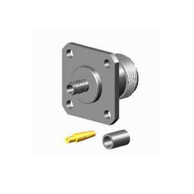 Square metal connector with central threaded bolt and two cable adapters.