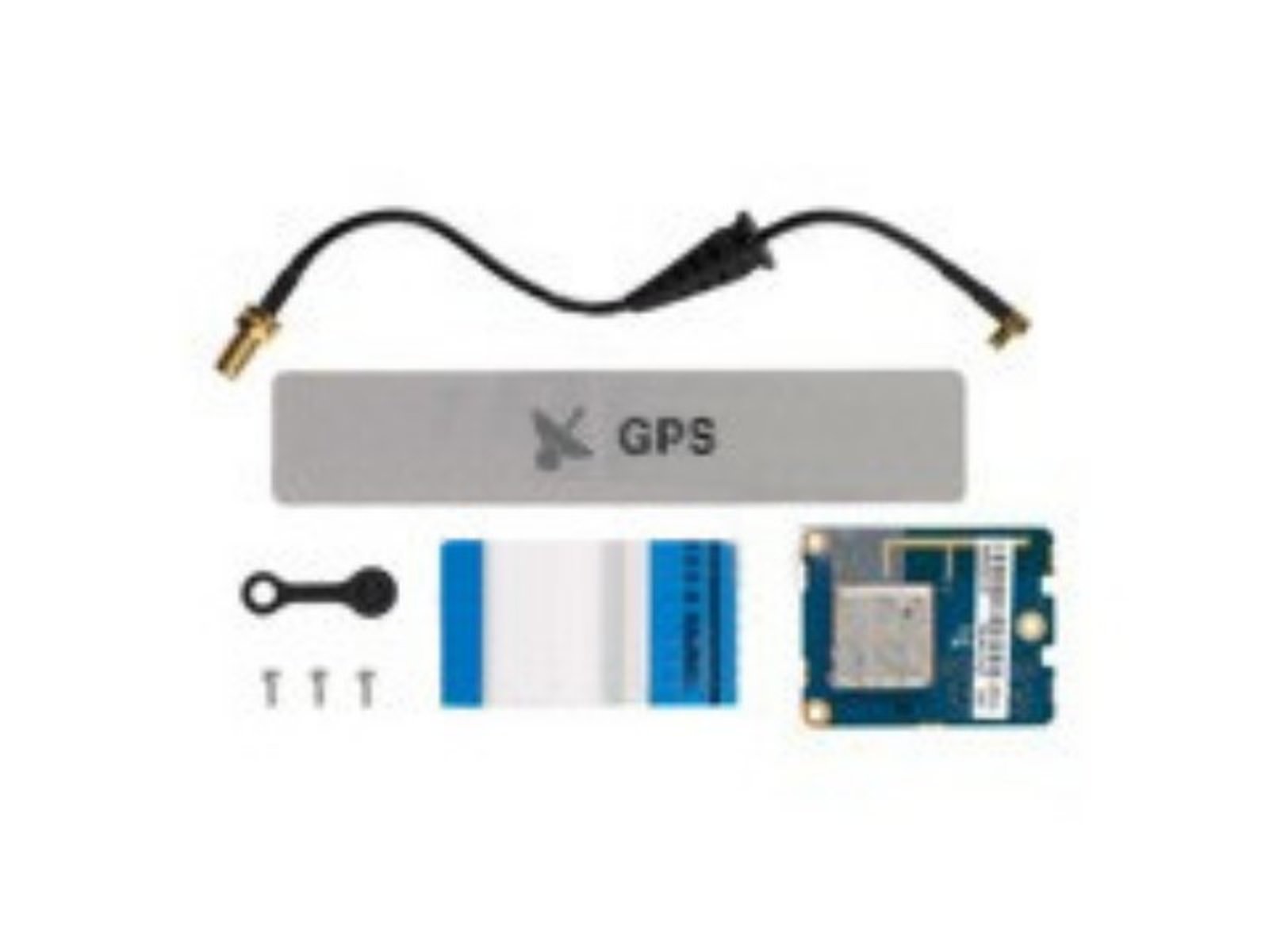 Kit antenne GPS avec câble, module et accessoires sur fond blanc.