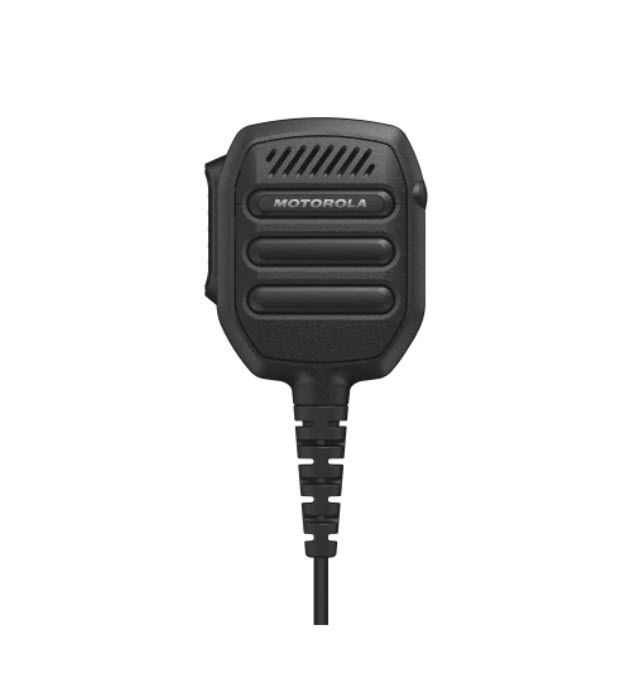 Microphone à main noir avec câble. Trois boutons à l'avant.