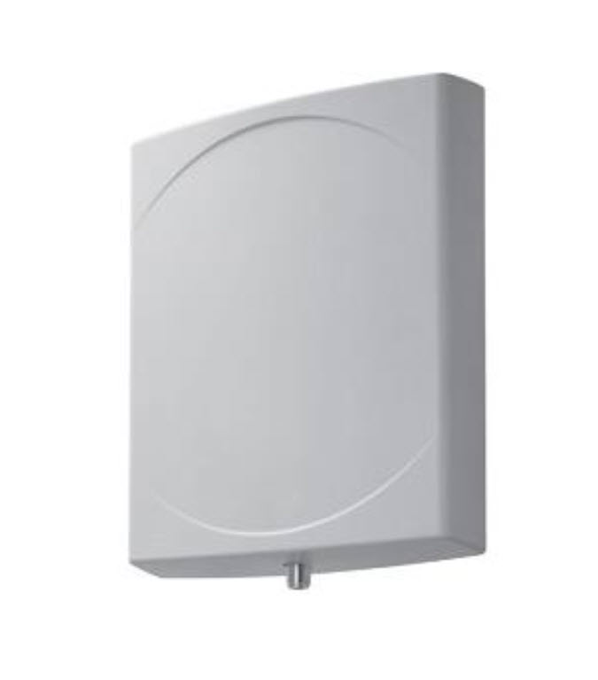 Gray rectangular soap dispenser with slightly curved front.