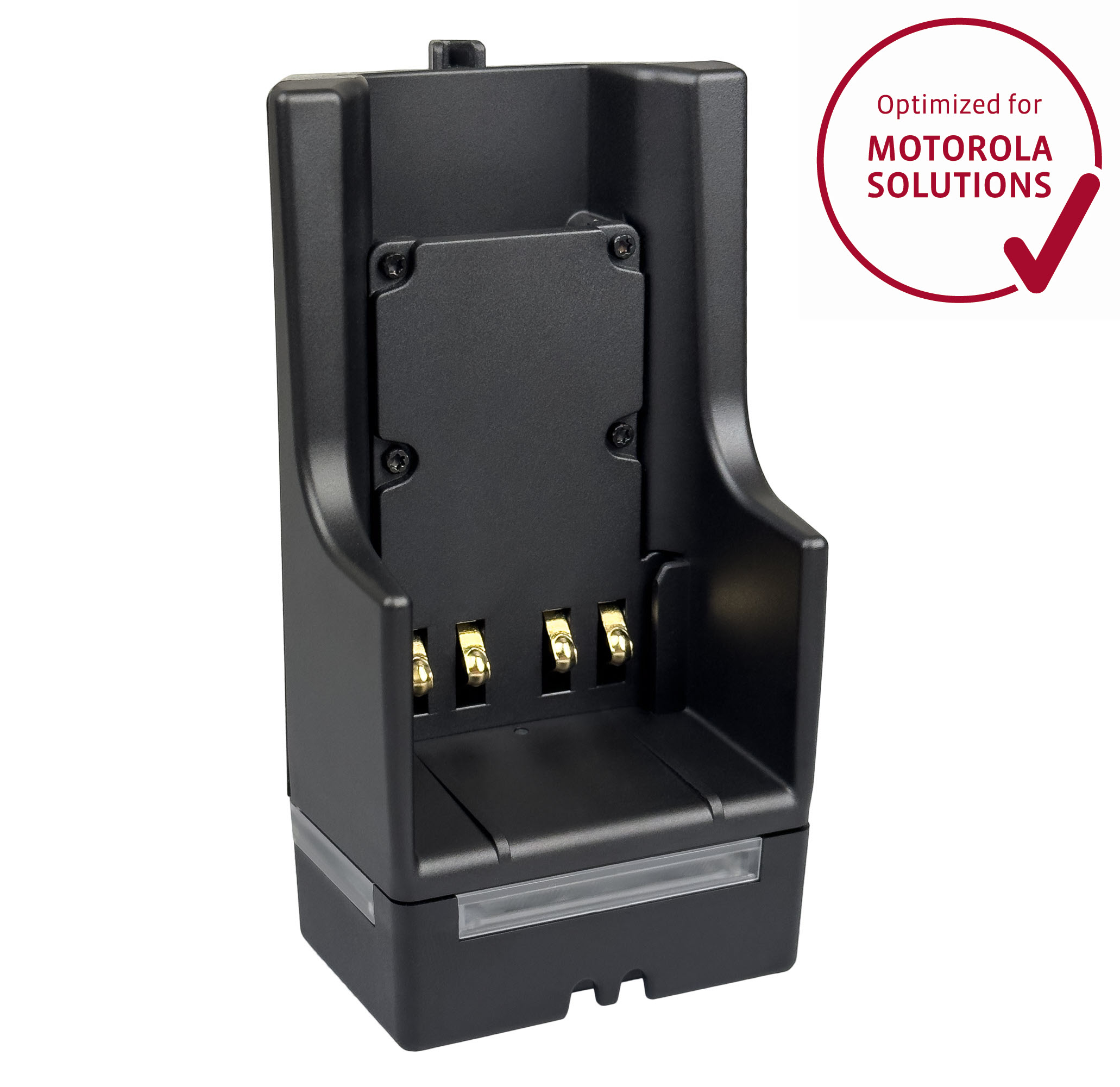 Zwarte opladerhouder met gouden contacten, geoptimaliseerd voor Motorola Solutions.