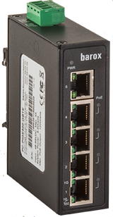 Zwarte Ethernet-switch met vijf LAN-poorten en groene stroomaansluiting.