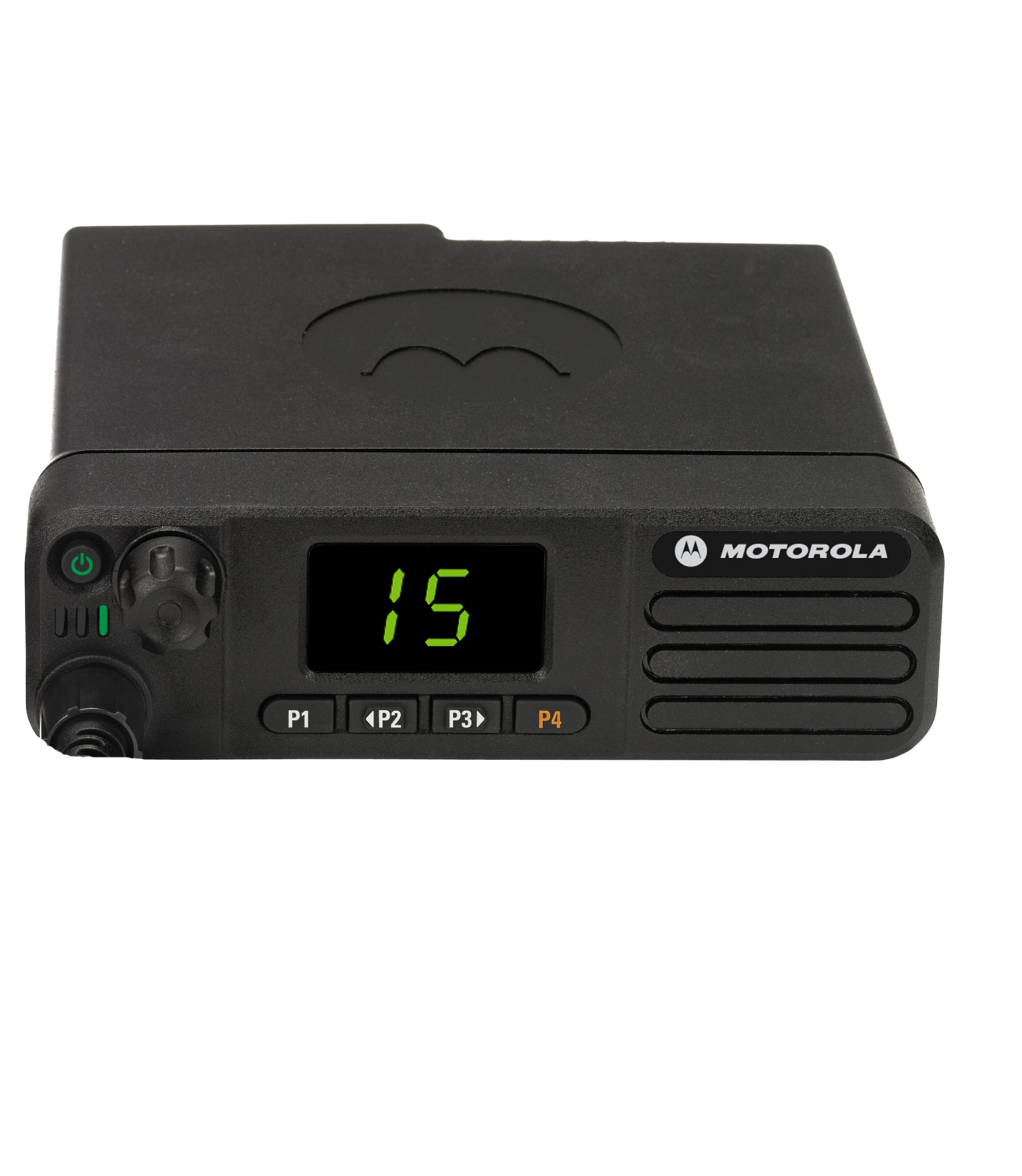 Appareil radio noir avec affichage 15, bouton rotatif et boutons.