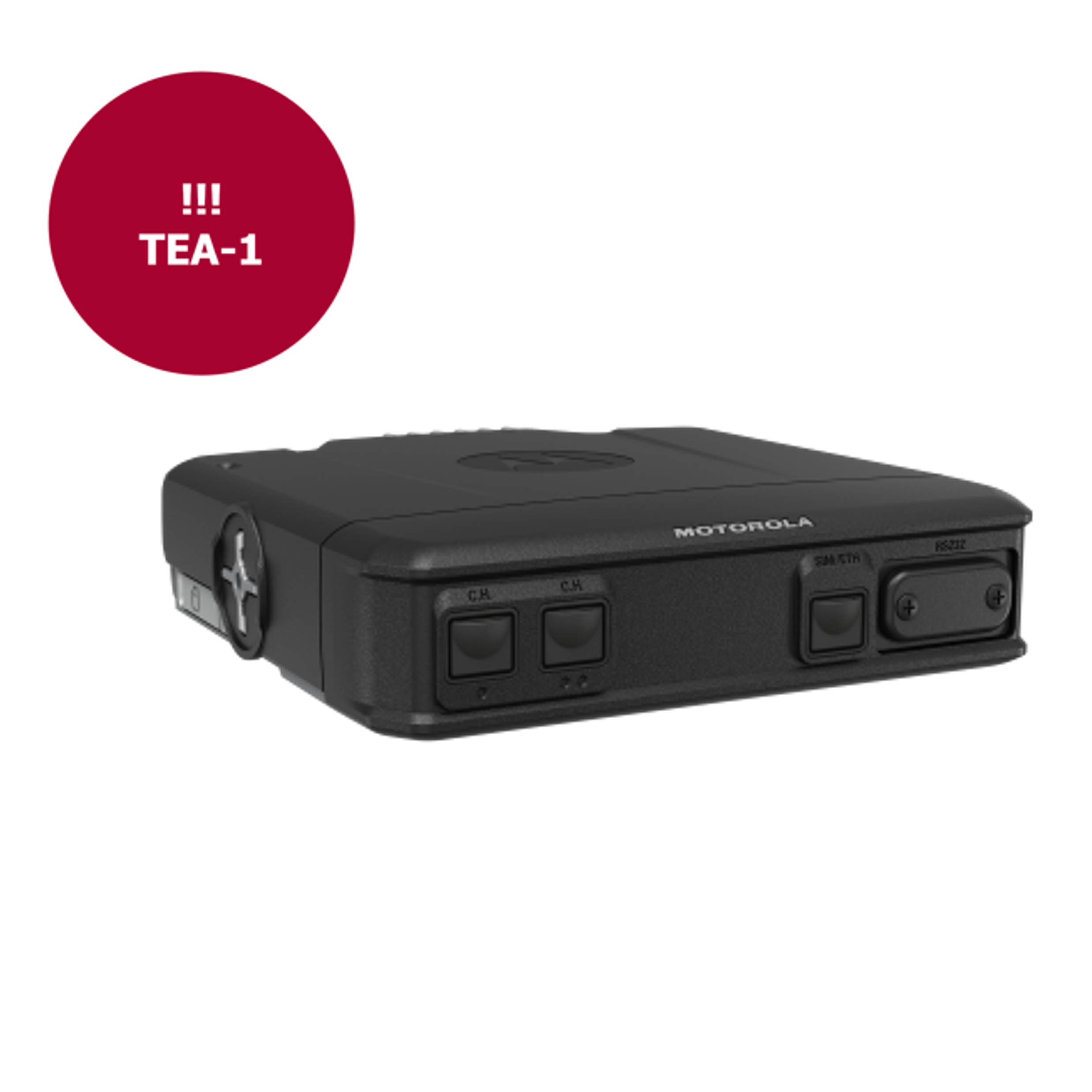 Zwart Motorola-apparaat met knoppen, naast rood waarschuwingssymbool met TEA-1