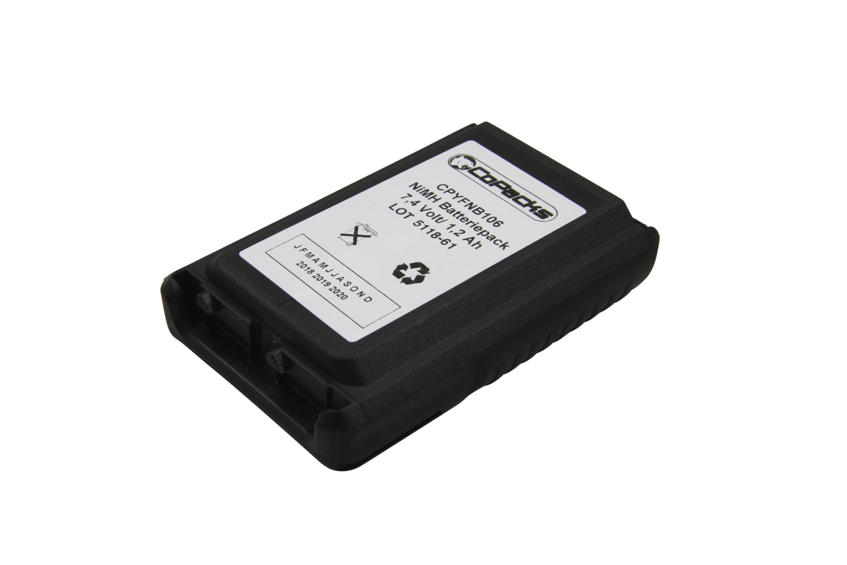 Zwarte NiMH-accu met etiket, 7,2V, 2,1Ah, lotnummer 5T1861.