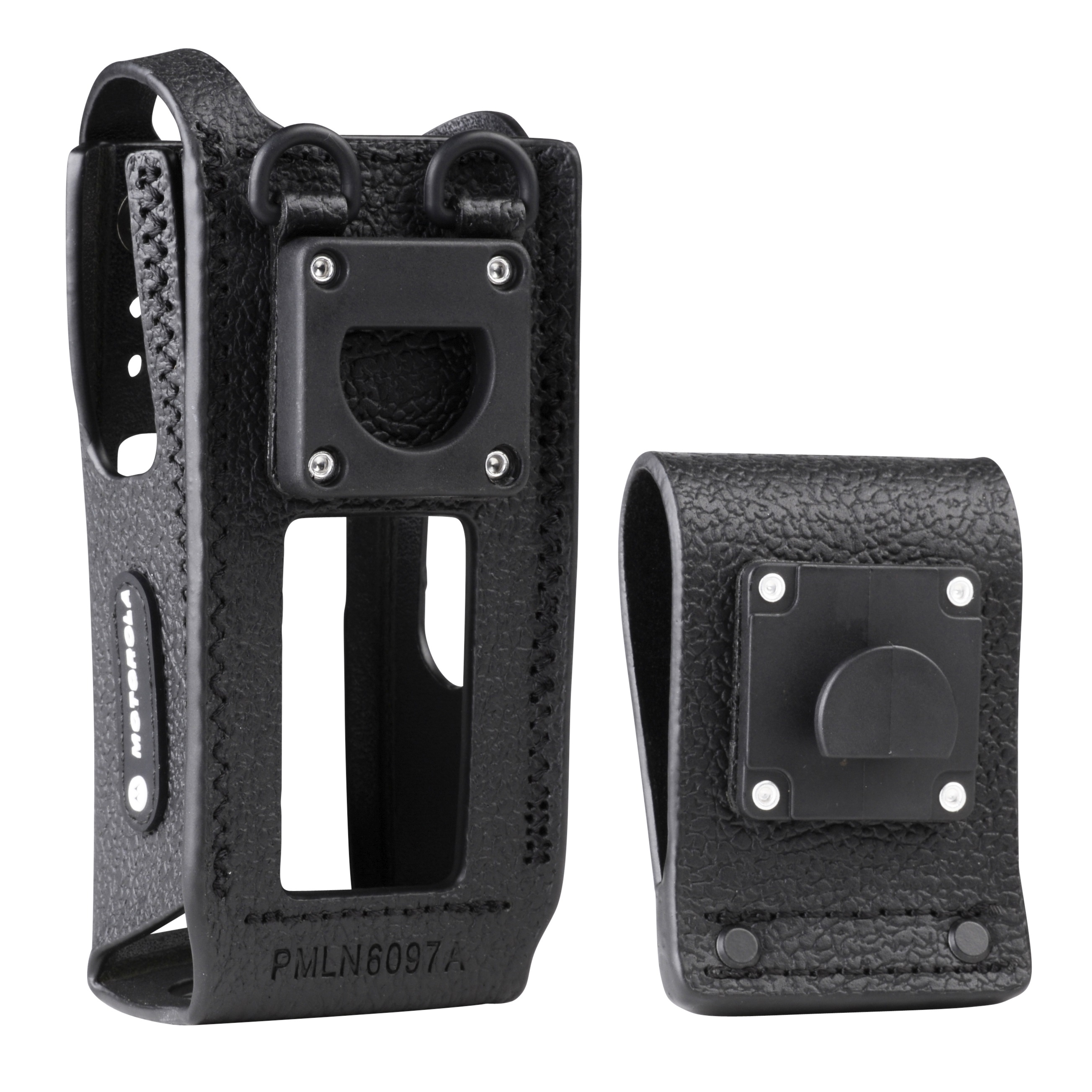 Deux supports en plastique noir, un avec clip, un ouvert, debout.