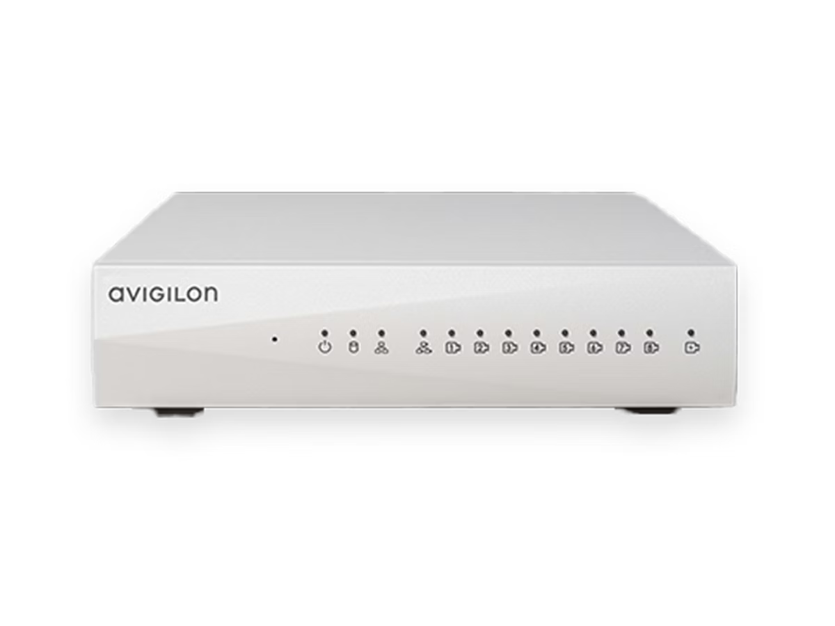 Zilveren Avigilon-recorder met controlelampjes op zwarte achtergrond.