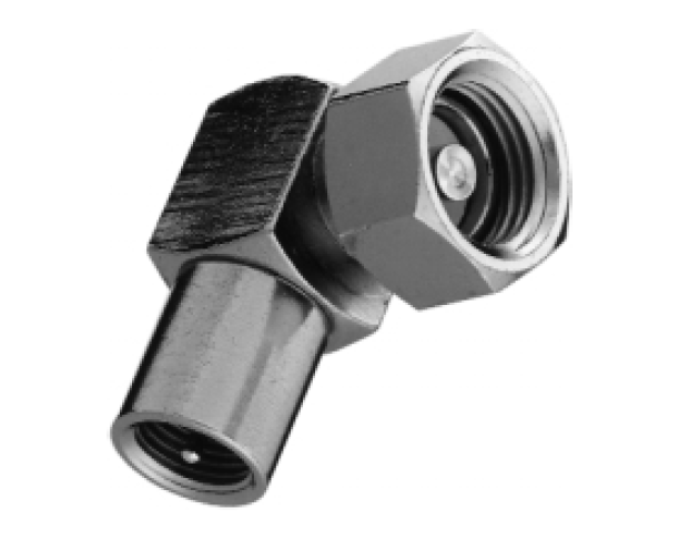 Coaxiale connector met hoekige behuizing voor kabelverbindingen.