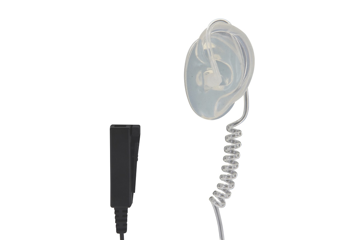 Radio earpiece with transparent spiral cord and black clip.