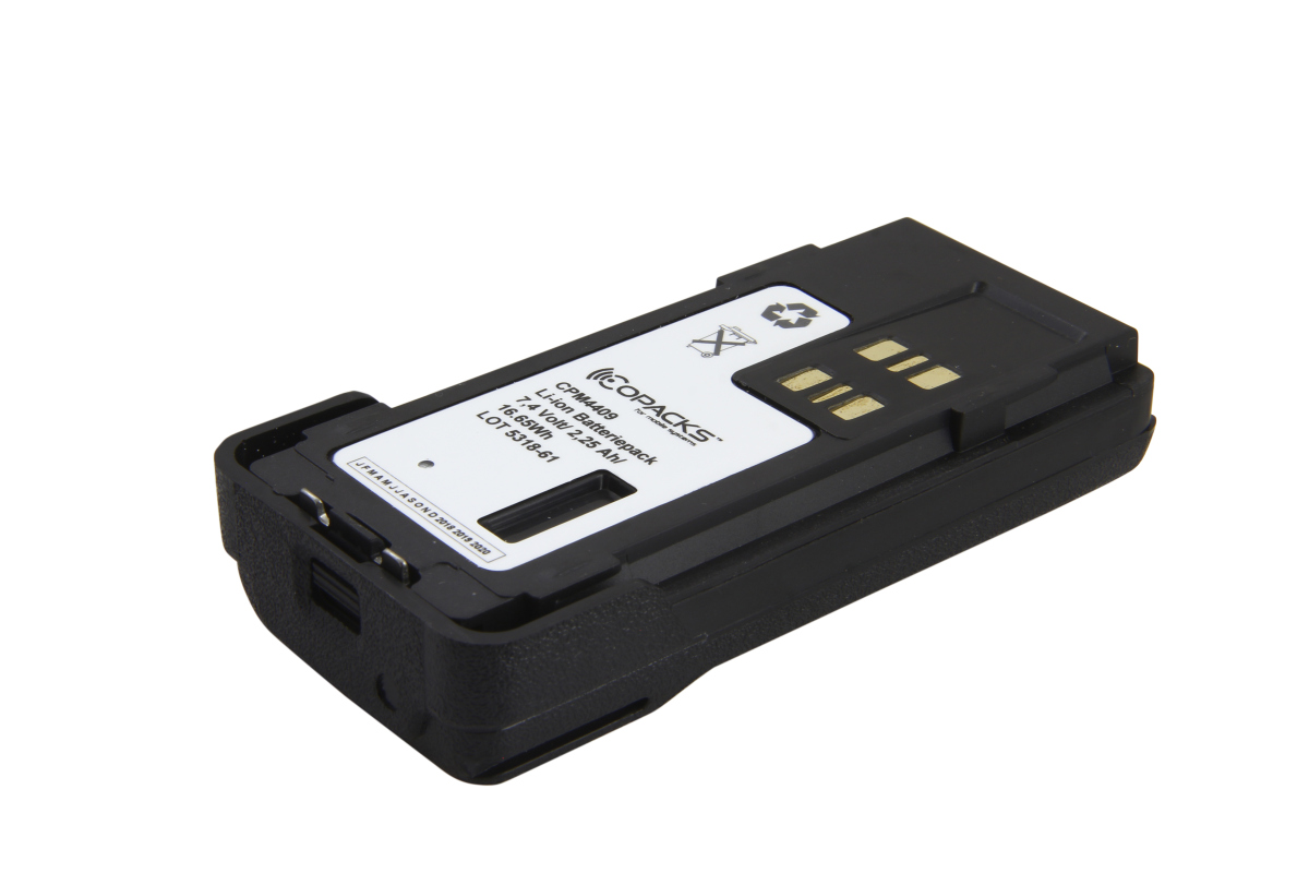 Black lithium-ion battery with white label, recycling symbols visible.