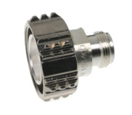 Metal adapter for water pipes with external thread and knurling.