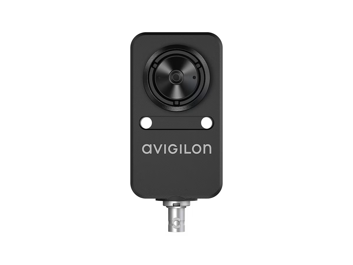 Black surveillance camera with Avigilon logo, cylindrical lens at top.