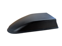 Antenne de voiture noire en forme d'aileron de requin, vue latérale.