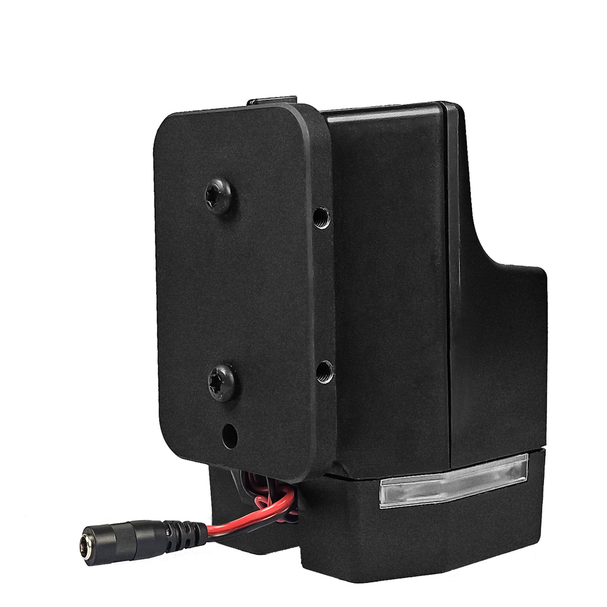 Appareil rectangulaire noir avec câble de connexion et deux trous de vis.