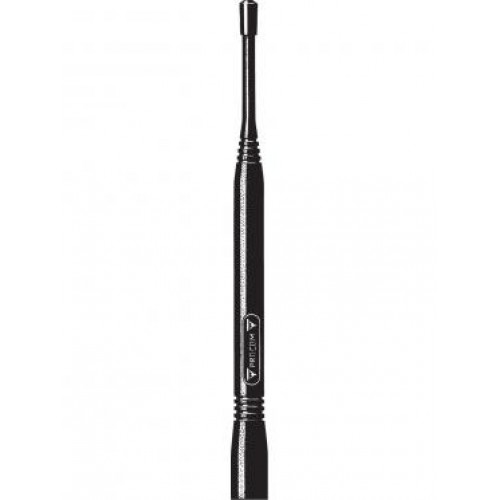 Antenne télescopique en métal, noire, extensible, cylindrique.