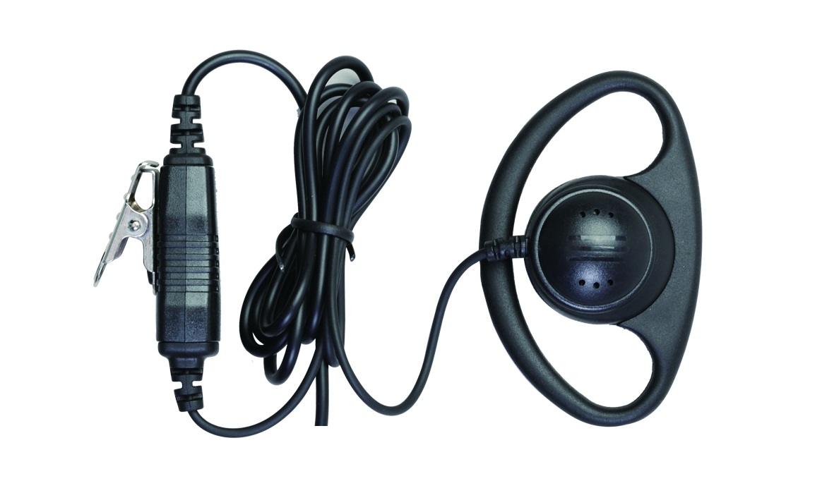 Zwarte oortelefoon met kabel en clip.