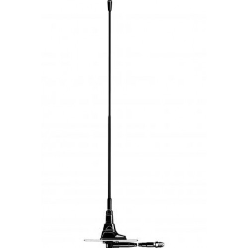 Zwarte radio-antenne met flexibele rubberen voet op witte achtergrond.