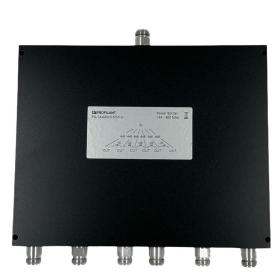 Zwarte vermogenssplitter met zeven aansluitingen, label 144-960 MHz