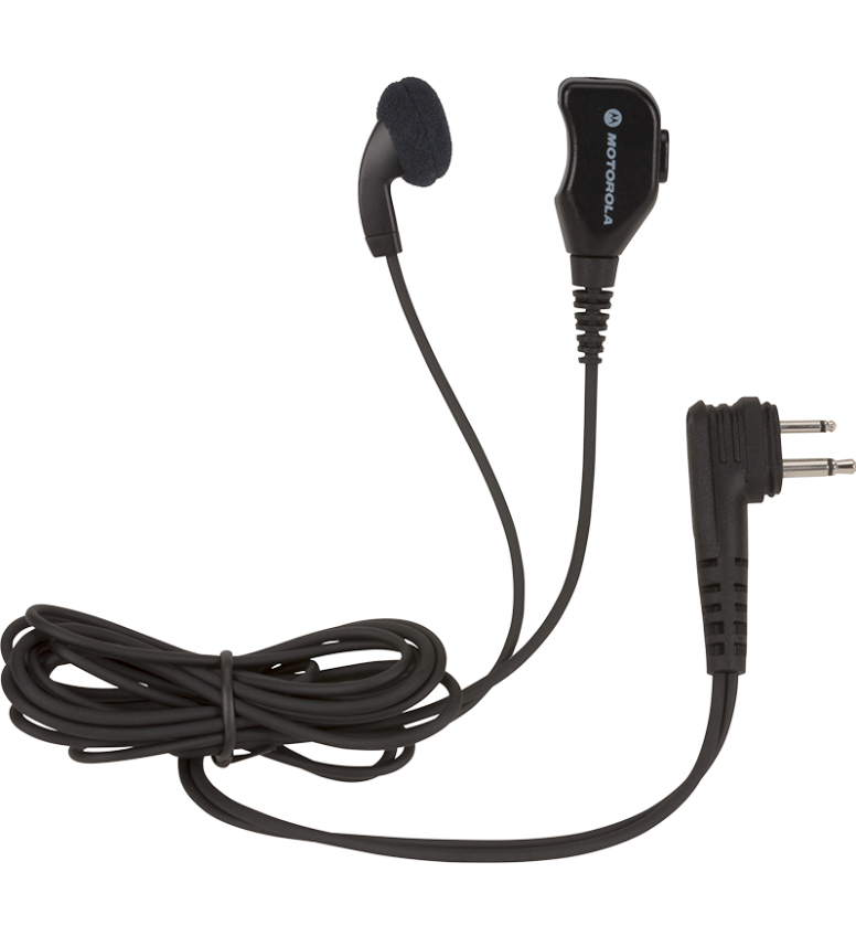 Zwarte oordop met kabel en twee-pins stekker.