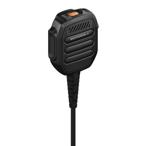 Zwart microfoon met kabel, oranje knop, merknaam zichtbaar.