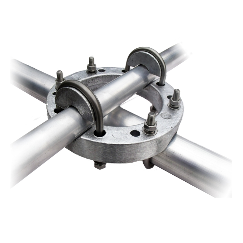 Round metal plate with four pipes and bolts
