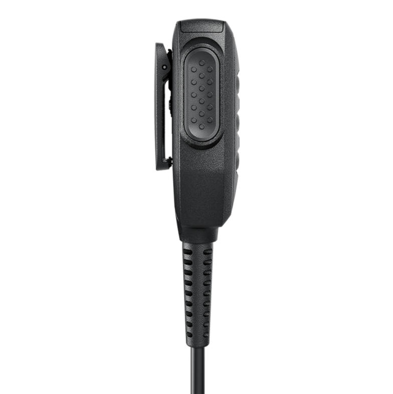 Side view of a black handheld radio microphone with cable.
