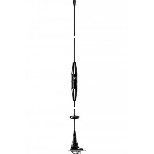 Zwarte voertuigantenne met middenelement en voet voor dakmontage.