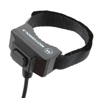 Black handheld microphone with Velcro strap and cable.