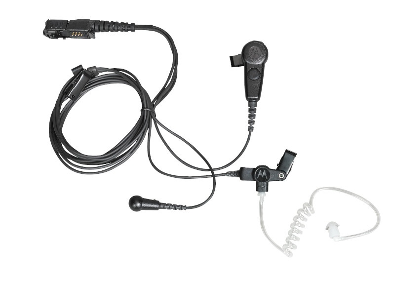 Zwart oortje headset met kabel, microfoon en transparante oordop.