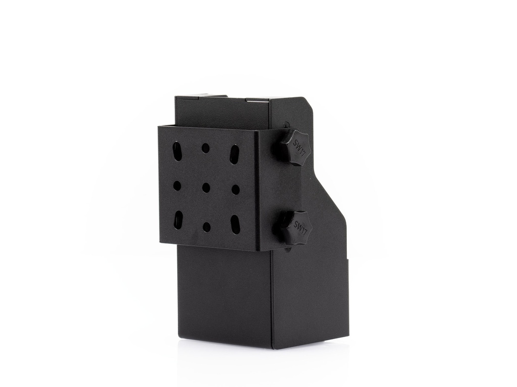 Zwart kunststof omhulsel met ventilatiesleuven en bevestigingsknoppen.