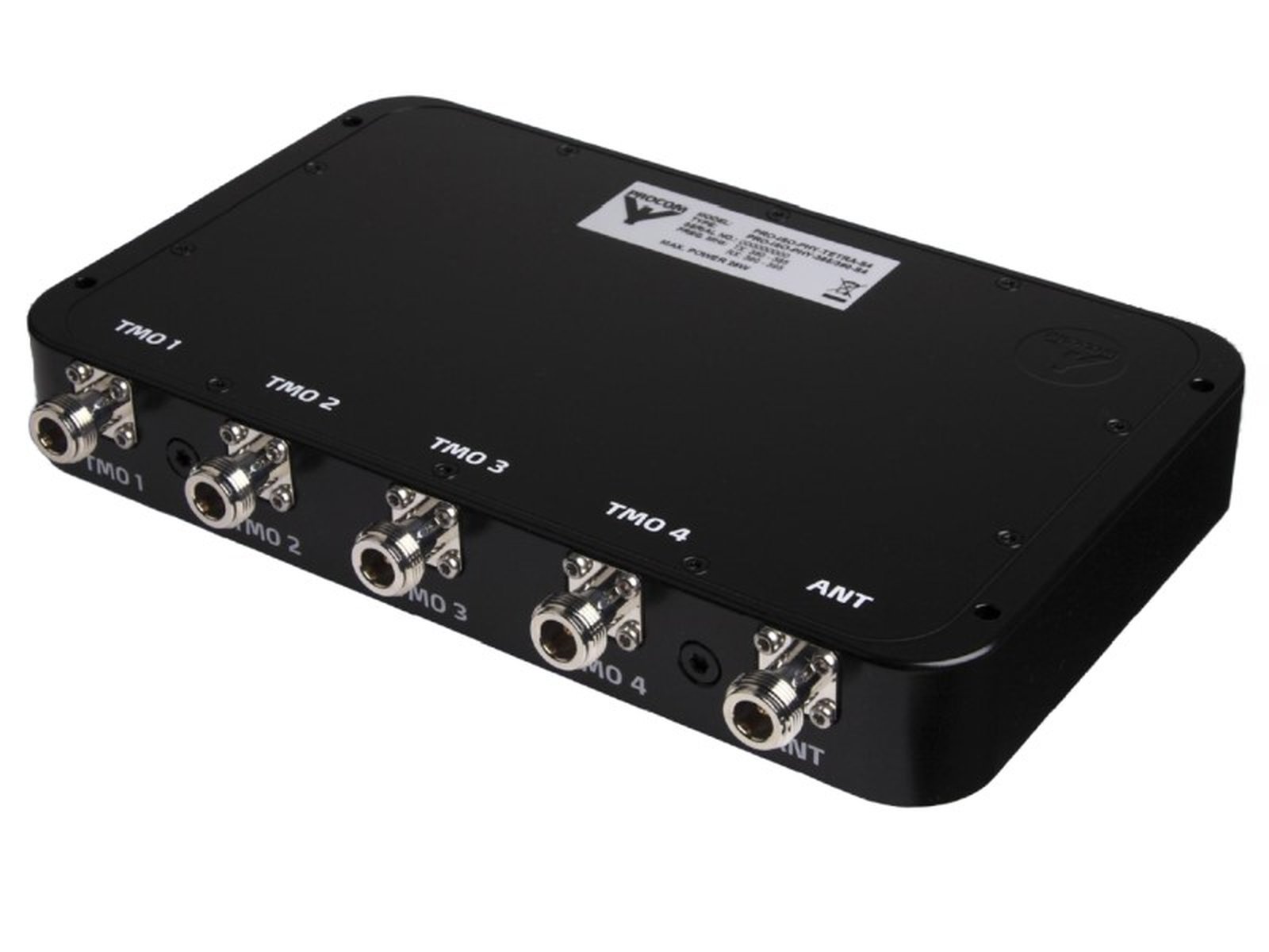 Zwarte splitter met vijf coaxiale poorten, gelabeld TMO 1 tot TMO 4 en ANT.