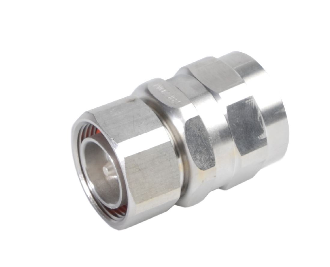 Metal coaxial connector with hexagonal fitting, suitable for cable connections.