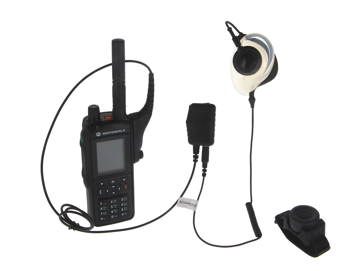 Radio with antenna, earpiece, microphone, and belt clip.