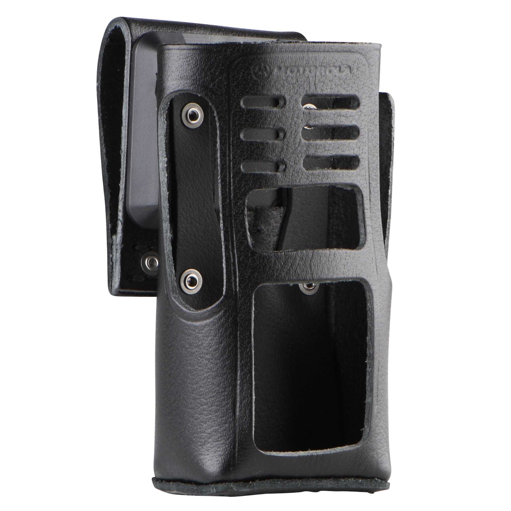 Zwarte leren houder met uitsparingen en klinknagels.