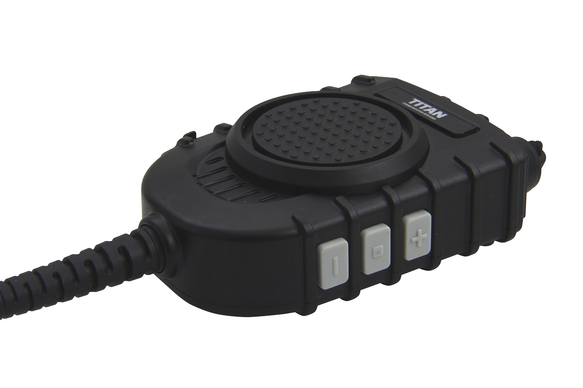 Black radio unit with speaker, three buttons, and attached cable.