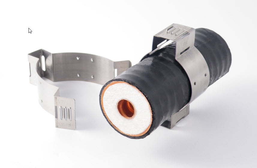 Metal bracket with insulated pipe, black outer sheath, visible white and orange core.