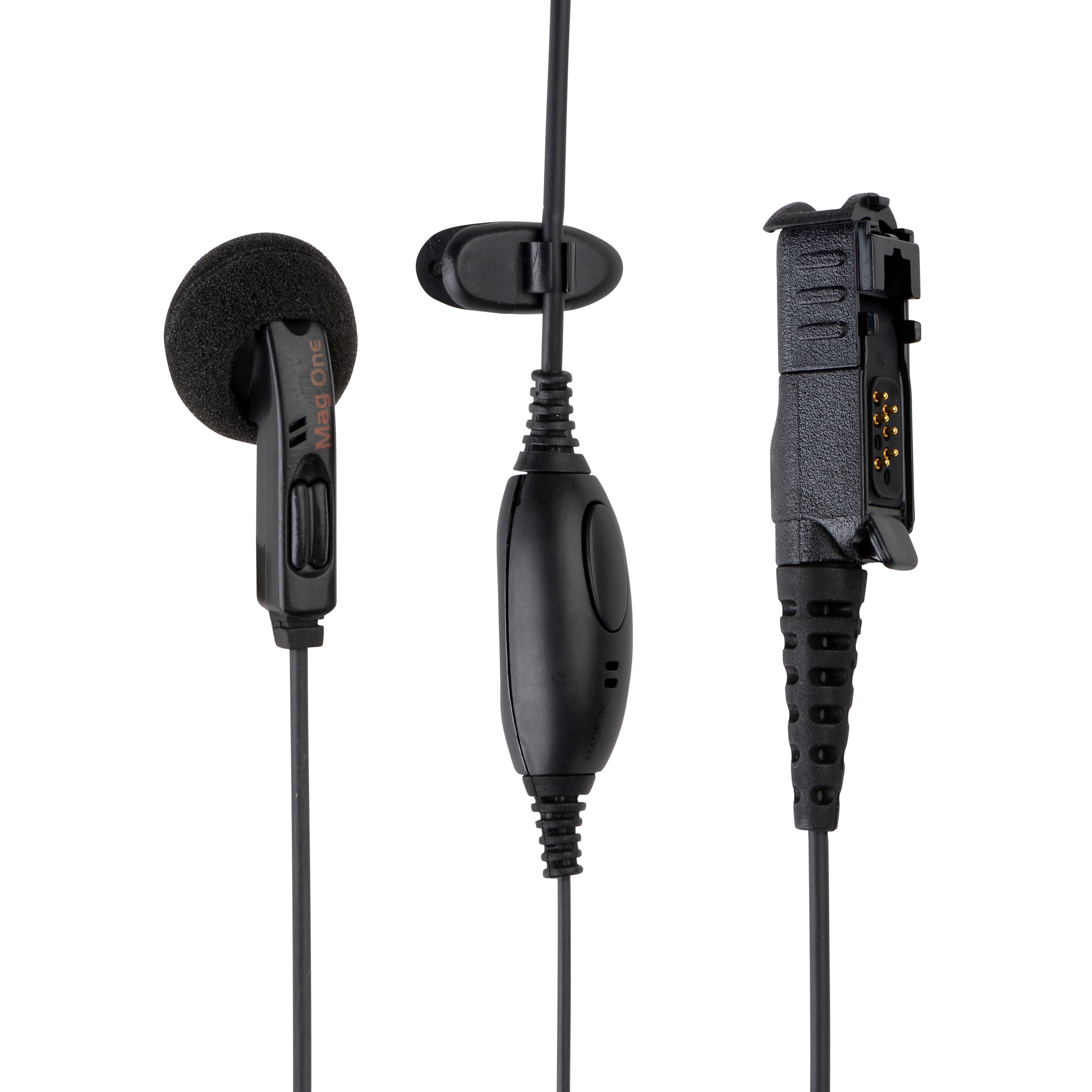 Black earphone set with microphone and plug.