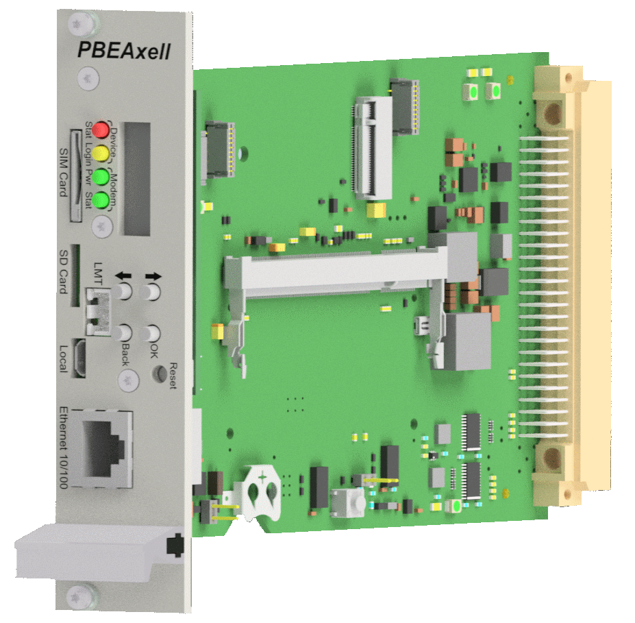 Green circuit board with connectors and ports, including an Ethernet port.